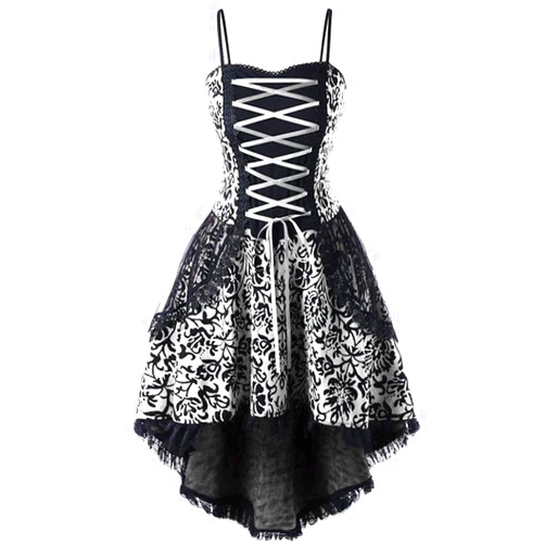 Tuduoms Halloween Cosplay Costumes Women's Sleeveless Gothic Fairy Skull Print Lace Party Dress Spaghetti Strap Camisole Punk Hippie Dresses Medieval Renaissance Victorian Lolita Dress Goth Clothes