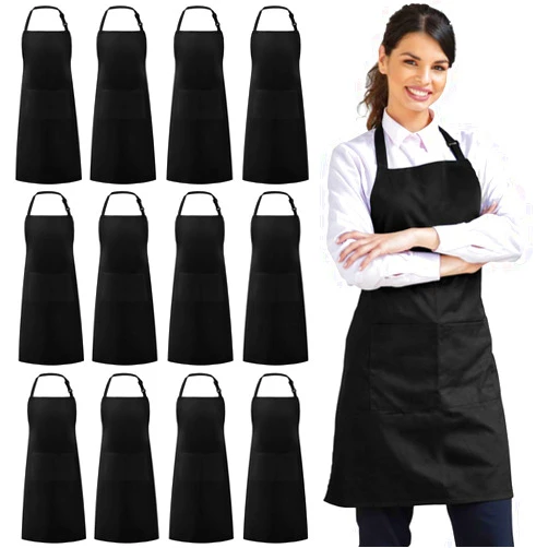 Syntus 12 Pack Bib Apron, Unisex Aprons Adjustable Thicker Version Waterdrop Resistant with 2 Pockets Cooking Kitchen Aprons for Women Men Chef, BBQ Drawing Apron Bulk, Black