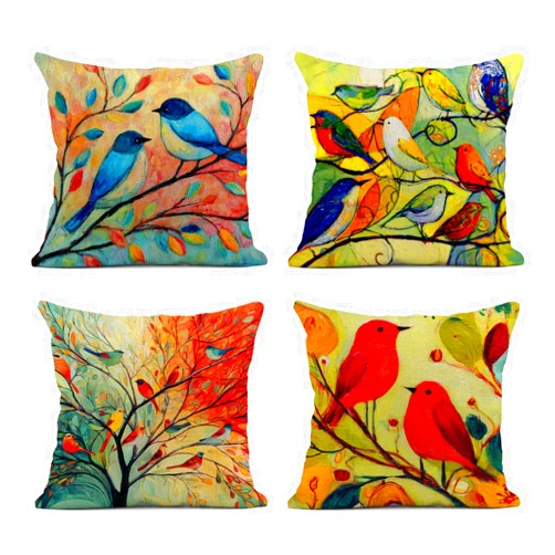 Aowced Throw Pillow Covers Set of 4, Abstract Oil Painting Colorful Bird Home Decorative Throw Pillow Cases Cushion Covers Pillowcases for Sofa Couch Bed Chair, 18x18 Inch