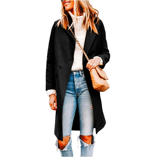 Tanming Women's Notch Lapel Double Breasted Wool Blend Mid Long Pea Trench Coat