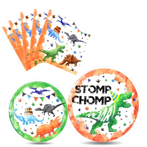 WERNNSAI Watercolor Dinosaur Party Plates and Napkins - Dinosaur Party Supplies Bundles for Boys Kids Birthday Disposable Dinner Dessert Cake Luncheon Plates Napkins Tableware Set Serves 16 Guests 48 Pieces