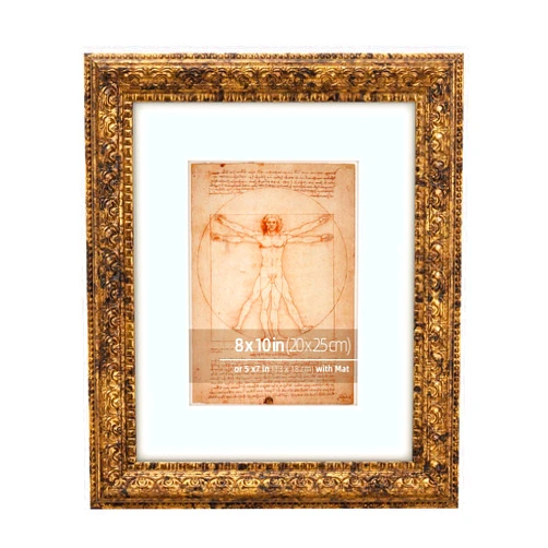 Eitida 8x10 in Rustic Gold Ornate Classic Picture Frame, Matted for 5x7 Photos, Real Glass Protection, Tabletop or Wall Mounting Display
