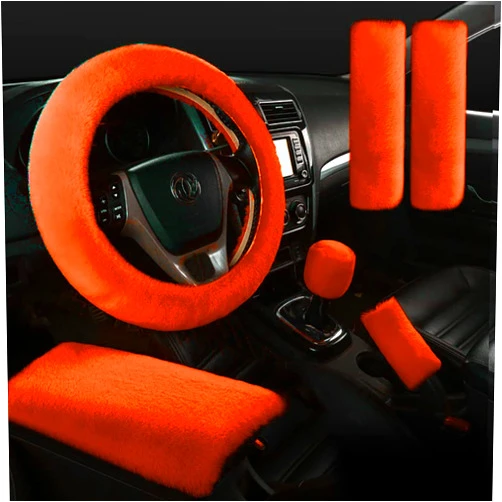 Zzxswc 6 Pcs Fluffy Steering Wheel Cover for Women, Fuzzy Car Accessories Armrest Covers Center Console Handbrake Seat Belt Cover Shoulder pad Gear Shift Cover Decoration (Orange)