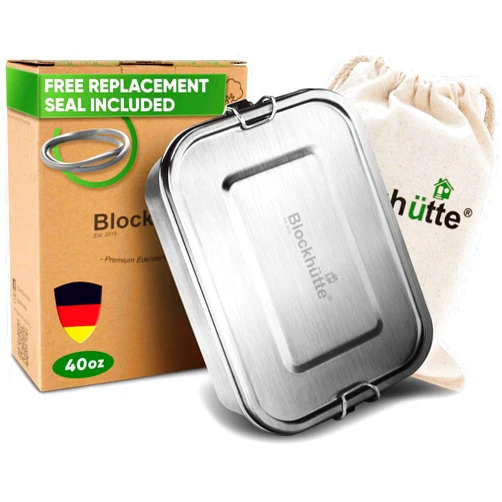 Blockhütte Stainless Steel Lunch Box for Adults I 40oz I with free Sealing I Metal Bento Box with 3 Compartments, Leak-Proof Lunch Container, Metal Food Storage for Travel, Work, Eco-Friendly