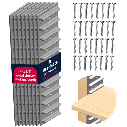 EZStudRack Made in USA | EZStudRack Adjustable Between Stud Shelf Bracket | Shelf Brackets for Wall Mounted Shelf | Shelving Brackets for Home | Garage Shelf Brackets- Wood Not Included- 8 Pack (4 Pair) Gray