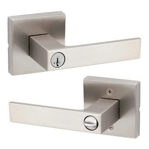 Kwikset Singapore Entry Door Handle with Lock and Key, Secure Keyed Reversible Lever Exterior, For Front Entrance and Bedrooms, Satin Nickel, Pick Resistant Smartkey Rekey Security and Microban