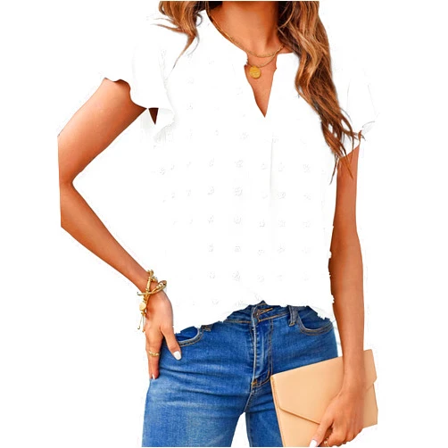 MEROKEETY Women 2024 Summer V Neck Ruffle Short Sleeve Blouse Swiss Dot Flowy Shirt Tunic Top