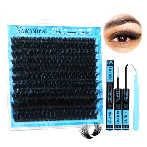 Yawamica Lash Clusters Kit Fluffy Volume Cluster Eyelash Extensions Kit 200D 10-20mm DIY Lash Extension Kit with Lash bond and Lash Remover and Lash Applicator for DIY Lash (200D-10-20MM Kit)