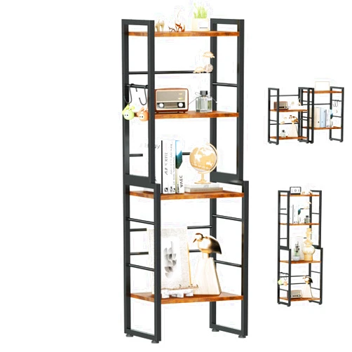Furologee Bookshelf, 4-Tier Tall Bookcase with Shelves and 2 Hooks, Industrial Display Shelf, Stackable Storage Shelves, Desktop Organizer/Spices Rack Set of 2 for Living Room/Bedroom, Rustic Brown