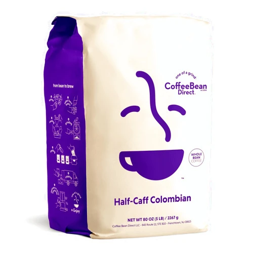Coffee Bean Direct Half-Caff Colombian, Whole Bean Coffee, 5 Pound Bag