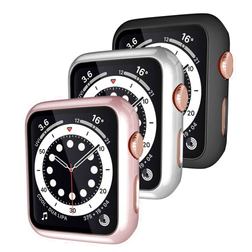 Henva [3 Pack Protector Case Design for Apple Watch 40mm/SE with HD Tempered Glass, PC Full Coverage Protective Case Compatible with iWatch Series 6/5/4, Black, Silver, Rose Gold