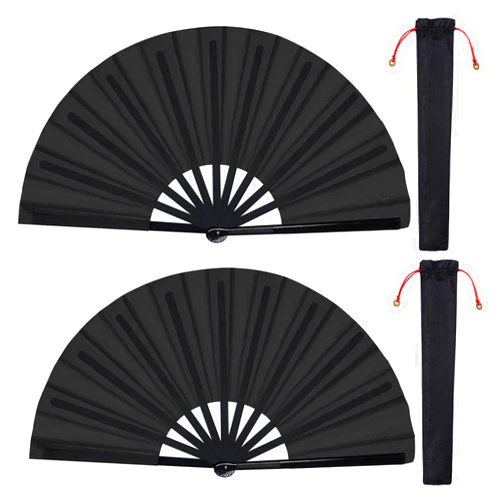 Wobe 2 Packs Large Folding Hand Fan Handheld Folding Fans Chinese Tai Chi Folding Fan Nylon Cloth Chinese Kung Fu Fan with Holder Sleeve for Men and Women Performance Dance Decorations Festival (Black)