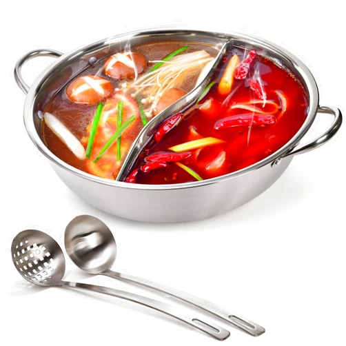 Peohud Stainless Steel Hot Pot with Divider, 12 Inches Double-flavor Shabu Shabu Pot with Ladle and Slotted Spoon, Dual Sided Soup Cookware for Induction Cooktop Gas Stove