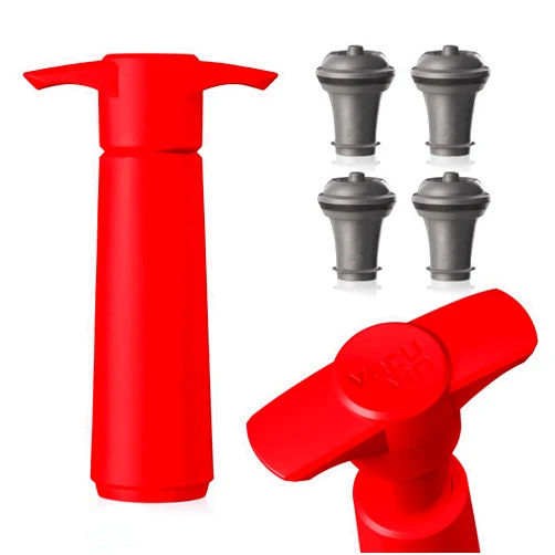 Vacu Vin Wine Saver Pump Red with Vacuum Wine Stopper - Keep Your Wine Fresh for up to 10 Days - 1 Pump 4 Stoppers - Reusable - Made in the Netherlands