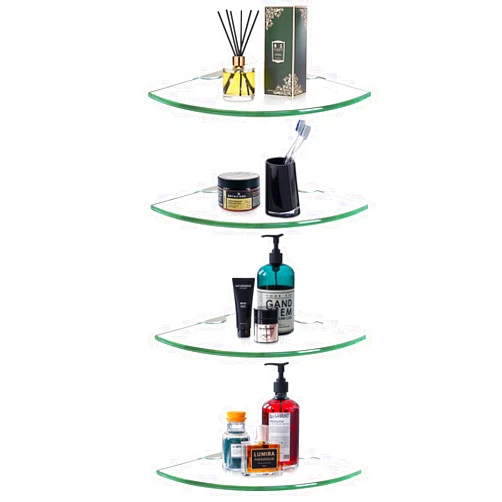 AIBLOM 4-Pack Glass Floating Shelves Corner Shower Caddies Drill Free Shampoo Organizer Holder Racks, Corner Wall Shelf for Bathroom, Living Room, Kitchen, Office