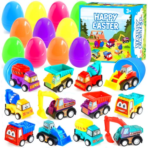 Birebebys Prefilled Easter Eggs with Pull-Back Engineering Car Toys, 12 Pcs Colorful Surprise Eggs with Construction Truck Gifts for kids, Easter Egg Hunt Supplies, Basket Stuffers, Classroom Prizes Supplies