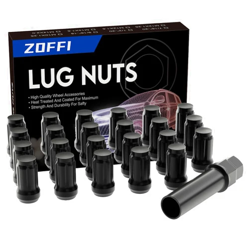 ZOFFI 1/2-20 Lug Nuts 23pcs - Compatible with 1987-2018 Jeep Wrangler JK, 2002-2012 Jeep Liberty, 1993-2010 Jeep Grand Cherokee Aftermarket Wheel - Black Closed End Solid Spline Lug Nuts