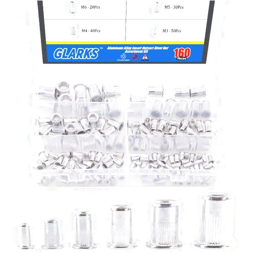 Glarks 160Pcs Aluminum Alloy M3 M4 M5 M6 M8 M10 Flat Head Metric Threaded Rivetnut Insert Nutsert Rivet Nut Assortment Kit