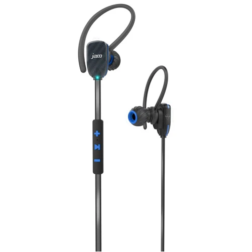 JAM Transit Micro Sport Buds Mini Wireless Bluetooth Earbuds, 10 Hour Playtime, Perfect for Running, Gym, Workout, Hands Free Calling Controls with Mic, Waterproof, Reflective Cord, HX-EP510BL Blue