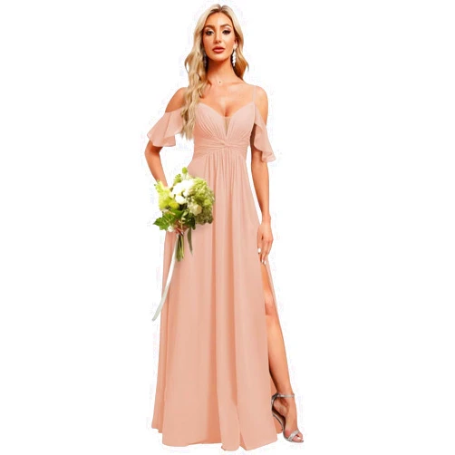 Polcey Women's Cold Shoulder Ruffles Chiffon Bridesmaid Dresses Long with Slit V Neck Empire Waist Evening Formal Dress with Pockets