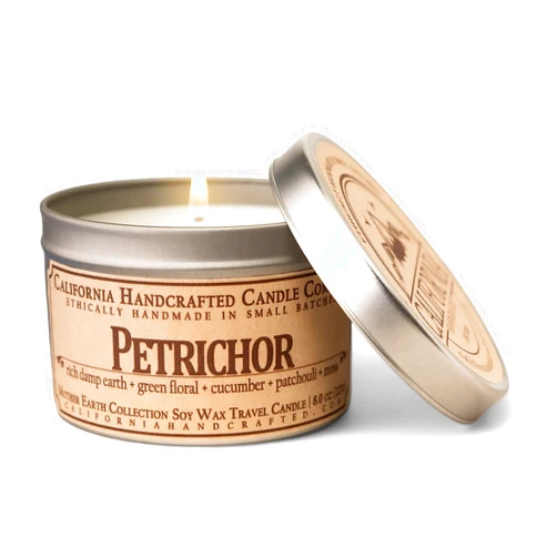 California Handcrafted Petrichor Soy Travel Candle | Damp Earth, Green Florals, Cucumber, Patchouli, Moss | Eco-Friendly Soy Wax | 8 oz Travel Tin | Revitalizing Rain Scent | Hand Made in California