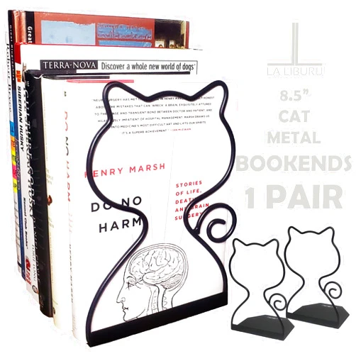 La Liburu Premium Metal Cat Bookend Decorative Large Durable Dividers Nonskid Stoppers Book Ends for Book Shelves and Desk 8.5 Inch 1 Pair 2 Pieces