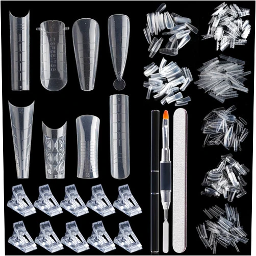 Fcozpjk Dual Nail Form Kit, 480pcs Dual Forms for Polygel, Stiletto Coffin Ballerina Nail Extension Forms, 10pcs Nail Clips With Nail Gel Brush Pen Nail Files Buffer, Nail Extension Kit for Beginner