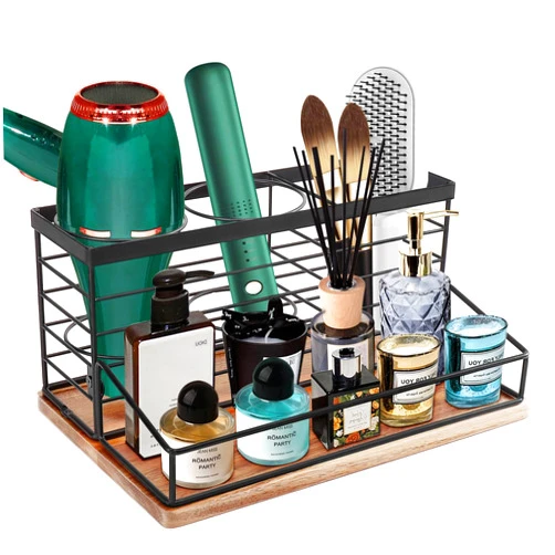 Siyzda Hair Tool Organizer, Movable Hair Dryer Holder, Hair Styling Tools Organizer Storage for Vanity, Black Bathroom Counter Organizer, Bathroom Trays for Hair Toiletry, Makeup (Wooden Base)