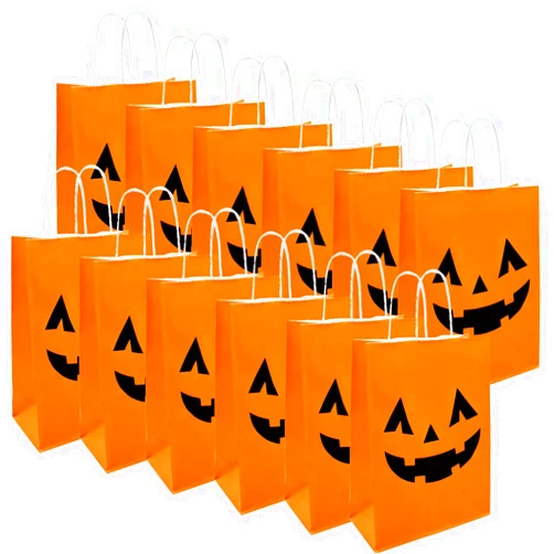 Benwanfee 36 Pieces Halloween Pumpkin Gift Candy Bags, Halloween Paper Bags with Handle Trick or Treat Bags Party Favor for Halloween Party Decorations
