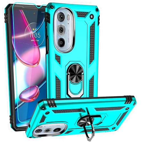 Androgate for Motorola Moto Edge Plus 2022 Case, Edge+ 2022 Case with HD Screen Protector, Military-Grade Metal Ring Holder Kickstand 15ft Drop Tested Shockproof Cover Case for Moto Edge+ 2022, Teal