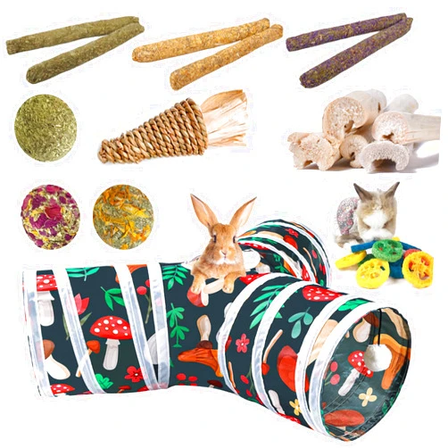 Mechpia Rabbit Toys, Bunny Tunnels and Tubes with Chew Toys for Grinding Teeth Bamboo Carrot Loofah and Grass Ball for Rabbit Guinea Pig Chinchilla Ferret Rat