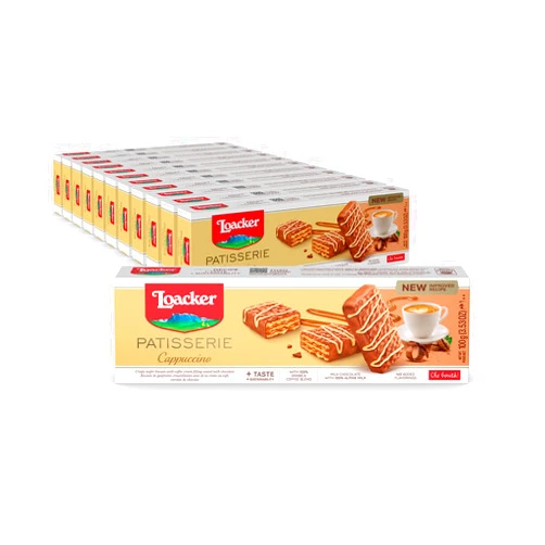 Loacker Patisserie Cappuccino - Premium Bite Size Milk Chocolate Covered Crispy Wafer Cookies with Coffee Cream Filling - Pack of 12
