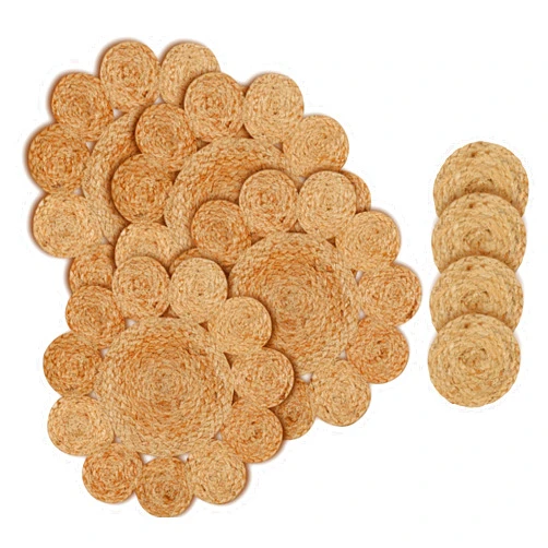 Savi Home 4 Pack Round Jute Woven Placemats and Set of 4 Round Jute Coasters, Cotton Braided Placemats Set, Dining Table Mat, Heat-Resistant Pot Holders, 13