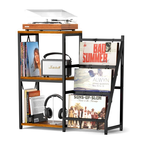 Y&M 3-Tier Record Player Stand with Vinyl Record Storage Holds Up to 200 Albums, Turntable Stand with Album Storage, Record Shelf Display Table for CD, End Table for Home Decor Bedroom Living Room