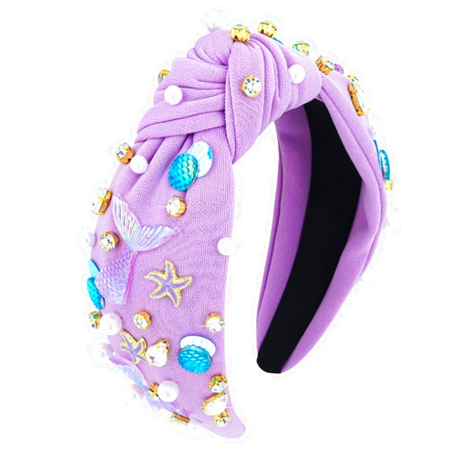 Jaciya Pearl Headband for Girls Rhinestone Headband for Women Wide Knotted Purple Hairband for Women Starfish Head Band Mermaid Birthday Party Decorations