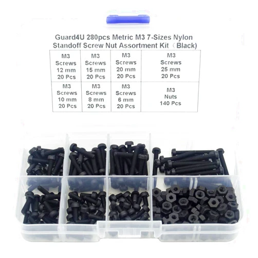 Guard4U 280pcs Metric M3 7-Sizes Nylon Phillips Pan Head Screw Nut Assortment Kit，Screw M3x 6mm 8mm 10mm 12mm 15mm 20mm 25mm, Nut Hex M3 (Black)