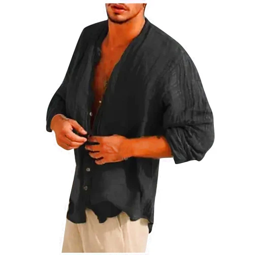 Generic Mens Casual Long Sleeve Buttons Down Shirts Band Collar Solid Plain Summer Beach Thin Shirts, Large, 01-black