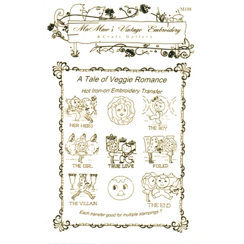 Mamaw's Vintage Embroidery A Tale of Veggie Romance Hot Iron Embroidery Transfers