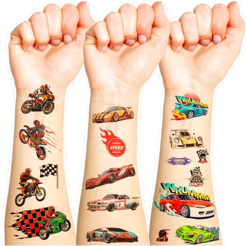 CCINEE 12 Sheets Truck Temporary Tattoos for Kids,87 Pcs Luminous Groovy Racing Car Trophy Wheel Checkered Flag Tattoo Stickers for Birthday Party Supplies Classroom Rewards