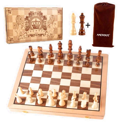 AMEROUS Magnetic Wooden Chess Set, 15 Inches Handmade Wooden Folding Travel Chess Board Game Sets with Chessmen Storage Slots for Kids and Adults, 2 BONUS Extra Queens, Gift Box Packed