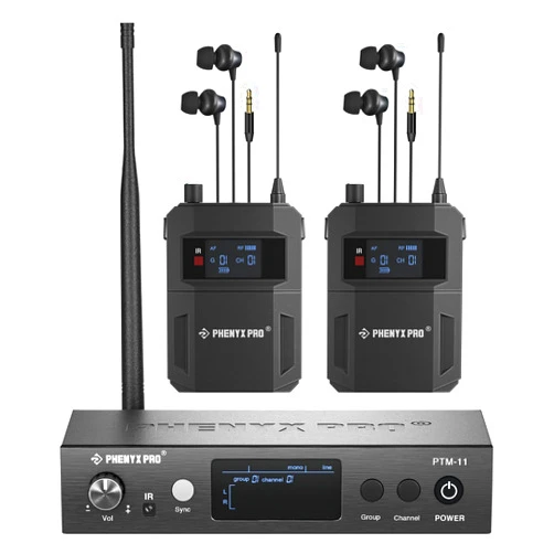 Phenyx Pro Wireless in Ear Monitor System,Dual in Ear Monitors for Musicians, Mono Stage Monitor, Metal IEM w/ 2 Bodypacks, 50 UHF Frequencies, Rack Mount, 164ft Range, for Studio/Band (PTM-11-2B)
