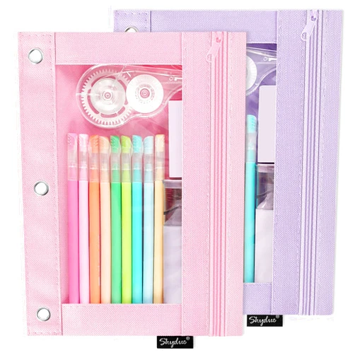 SKYDUE Pencil Pouch for 3 Ring Binder, Zipper Pencil Pouches for Girls Boys, Clear Window Pencil Case for Binder, Pencil Pouch for Binder, 3 Ring Binder Pencil Bag with Smooth Zipper,Pink & Purple