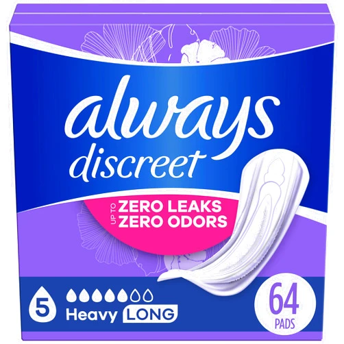 Always Discreet Adult Incontinence Pads for Women, Heavy Absorbency, Long Length, Postpartum Pads, 64 CT