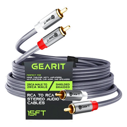 GearIT RCA Cable (15FT) 2RCA Male to 2RCA Male Stereo Audio Cables Shielded Braided RCA Stereo Cable for Home Theater, HDTV, Amplifiers, Hi-Fi Systems, Car Audio, Speakers, 15 Feet