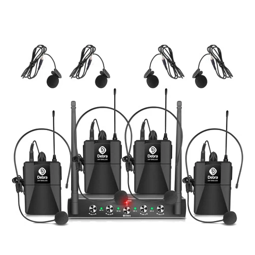 D Debra Audio AU400 Pro UHF 4 Channel Wireless Microphone System with Cordless Handheld Lavalier Headset Mics, Metal Receiver, Ideal for Karaoke Church Party (with 4 Bodypack (B))