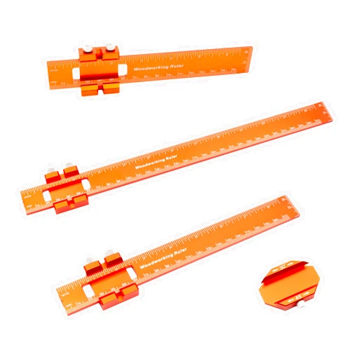 Dtructiew 6/8/12 Inches Woodworking Ruler, 3PCS Metal Pocket Rule with a 45° & 30° Slide Stop for Measuring Precision, Slide Stop Aluminum Rule for Marking Inch and Metric T-Type Scribing Rulers Square
