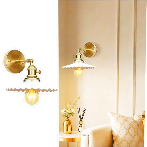BOZHEN CATA-MEDICA Vintage Wall Sconce with Switch 180° Adjustable Brass Sconces Bedside Lights Wall Mounted White Flower Shade E26 Lighting Fixture for Bedroom Living Room Hallway Stairs（Included Bulb）