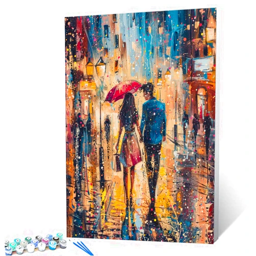TUMOVO Graffitic Romantic Couple Paint by Numbers Kits 16x20 inch Canvas Rainly Street Scene DIY Oil Painting for Adults Beginner,16''x20' inch Landscape Art Paintwork with Brushes House Decor (DIY Frame)