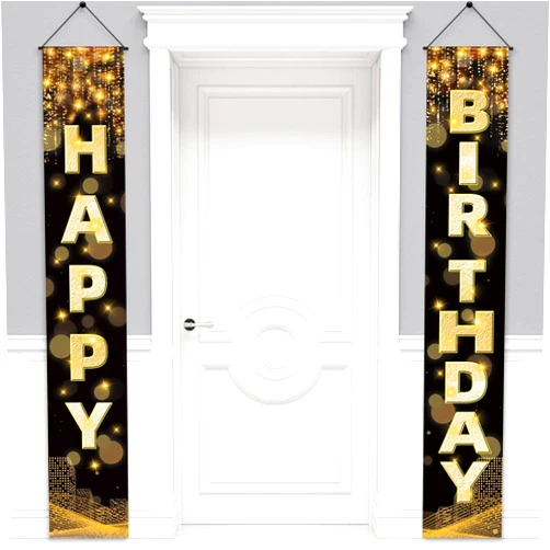 MDCGFOD Happy Birthday Decorations Banner for Men Women Boys Girls, Black Gold Birthday Porch Sign Birthday Party Supplies Background for Birthday Party Favor Door Decorations, 72 x 12 Inch
