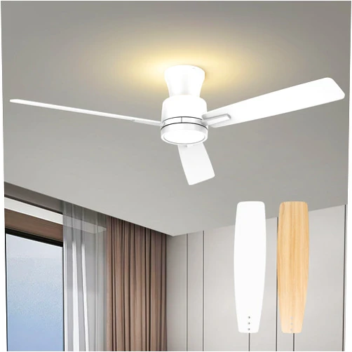 ocioc 52-Inch Low Profile Ceiling Fans with Lights and Remote, Flush Mount, Night Light Feature, 3 Dual Finish Blades, Reversible DC Motor, White
